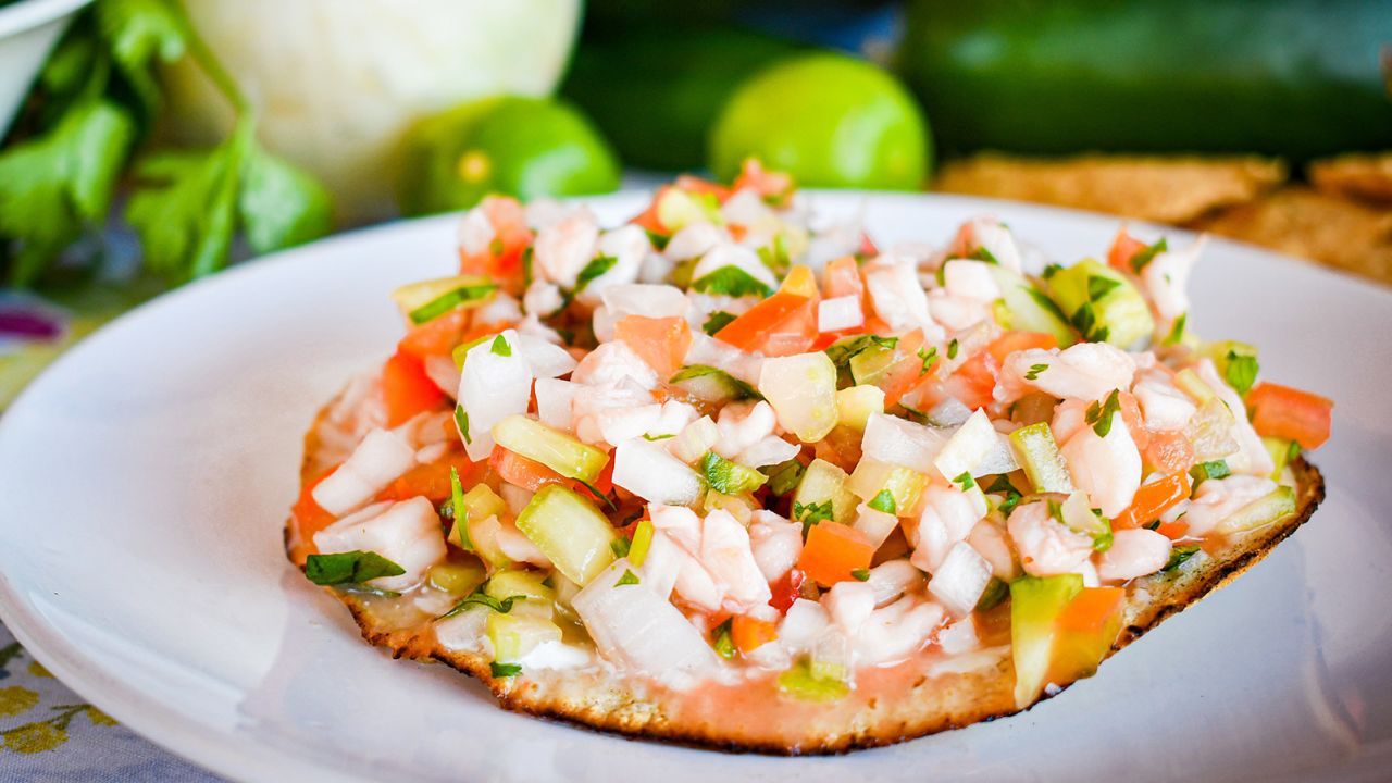 White fish ceviche on tostadas is a favorite seafood dish.
