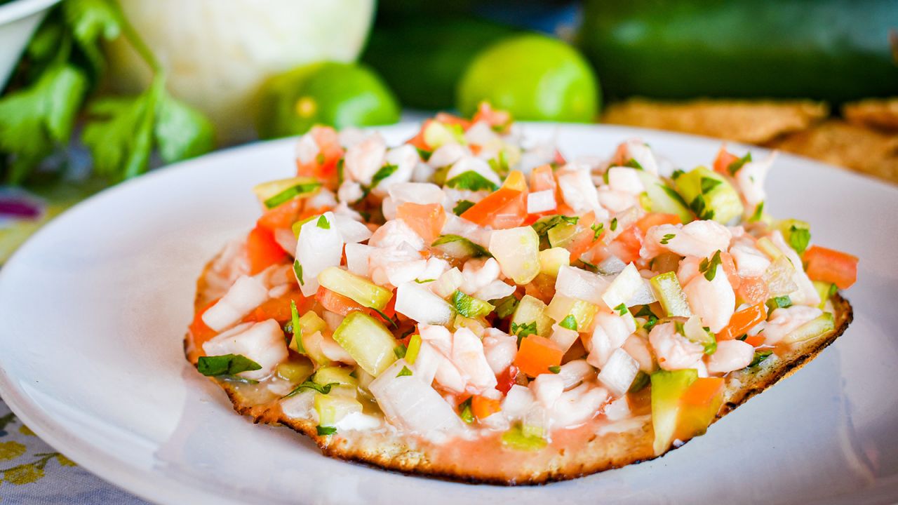 White fish ceviche on tostadas is a favorite seafood dish.