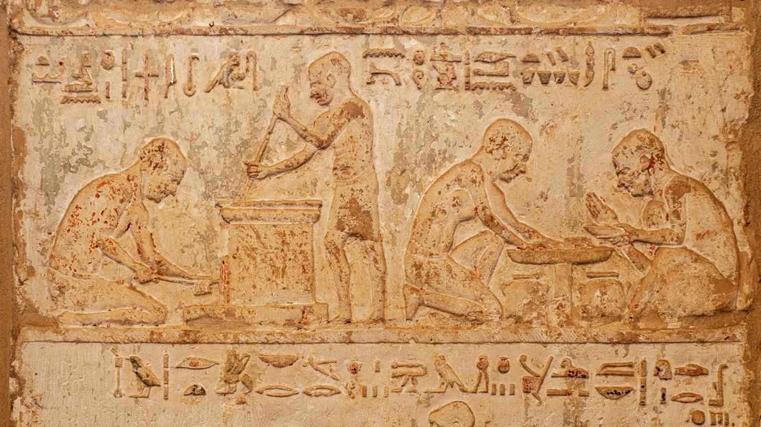 A scene depicts perfumers making perfumes in the Ptolemaic period tomb of Petosiris in Egypt. 
