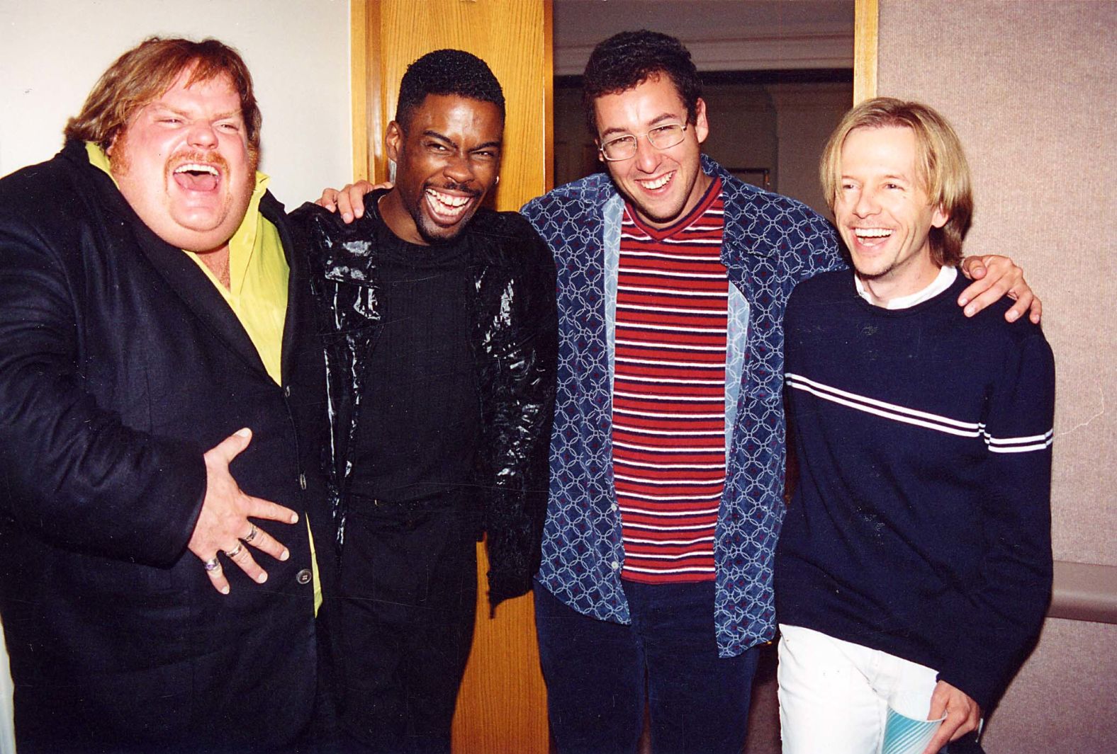 From left, Farley, Rock, Sandler and Spade pose for a photo in 1997.