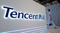 In this unlocated photo, the logo of Tencent, a Chinese multinational technology conglomerate holding company, is seen its booth during an exhibition, 5 September 2020.