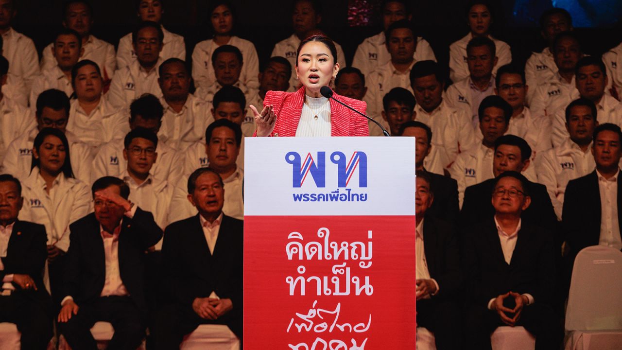 Paetongtarn Shinawatra speaks at Thammasat University on March 17, 2023.