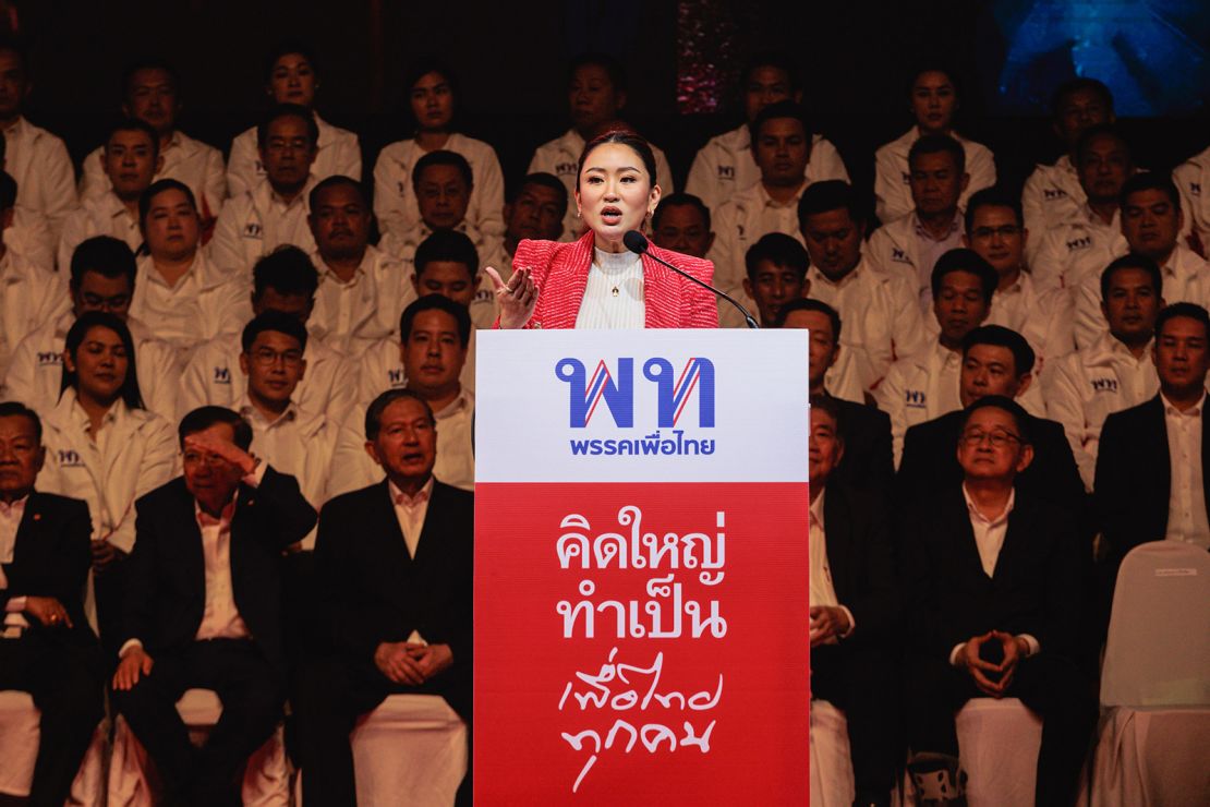 Paetongtarn Shinawatra speaks at Thammasat University on  March 17, 2023.
