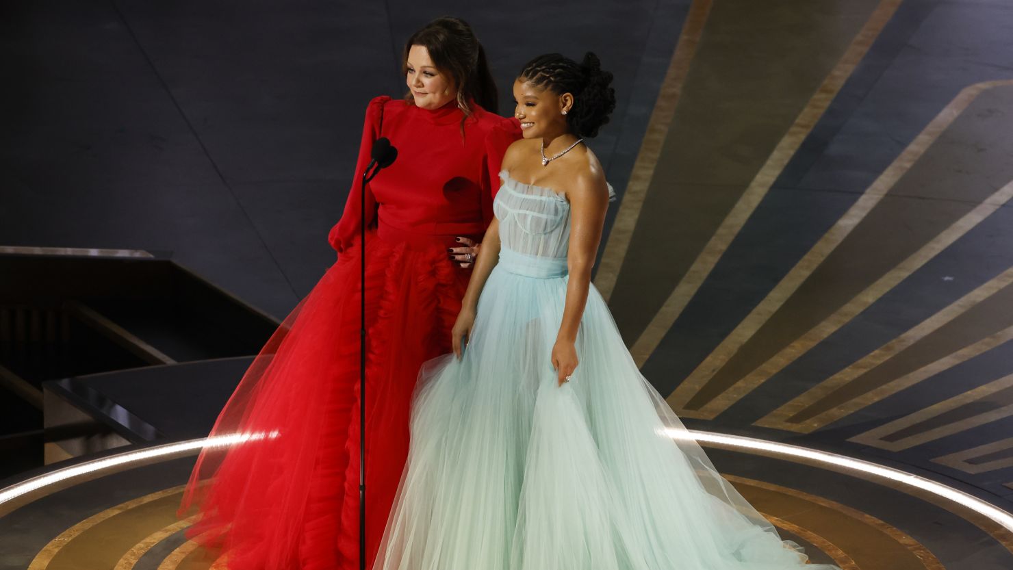 (From left) Melissa McCarthy and Halle Bailey, stars of Disney's new live-action 'The Little Mermaid,' at the Oscars in Los Angeles in March. 