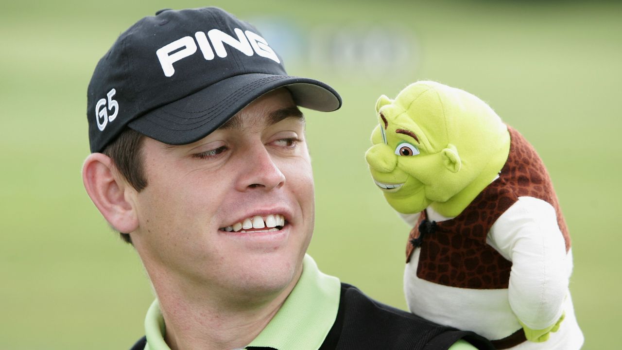 PARIS - JUNE 27:  Louis Oosthuizen of South Africa poses with his Shrek head cover during the pro-am of The Open de France presented by Alstom at the Golf National Golf Club on June 27, 2007 in Paris, France.  (Photo by Warren Little/Getty Images)