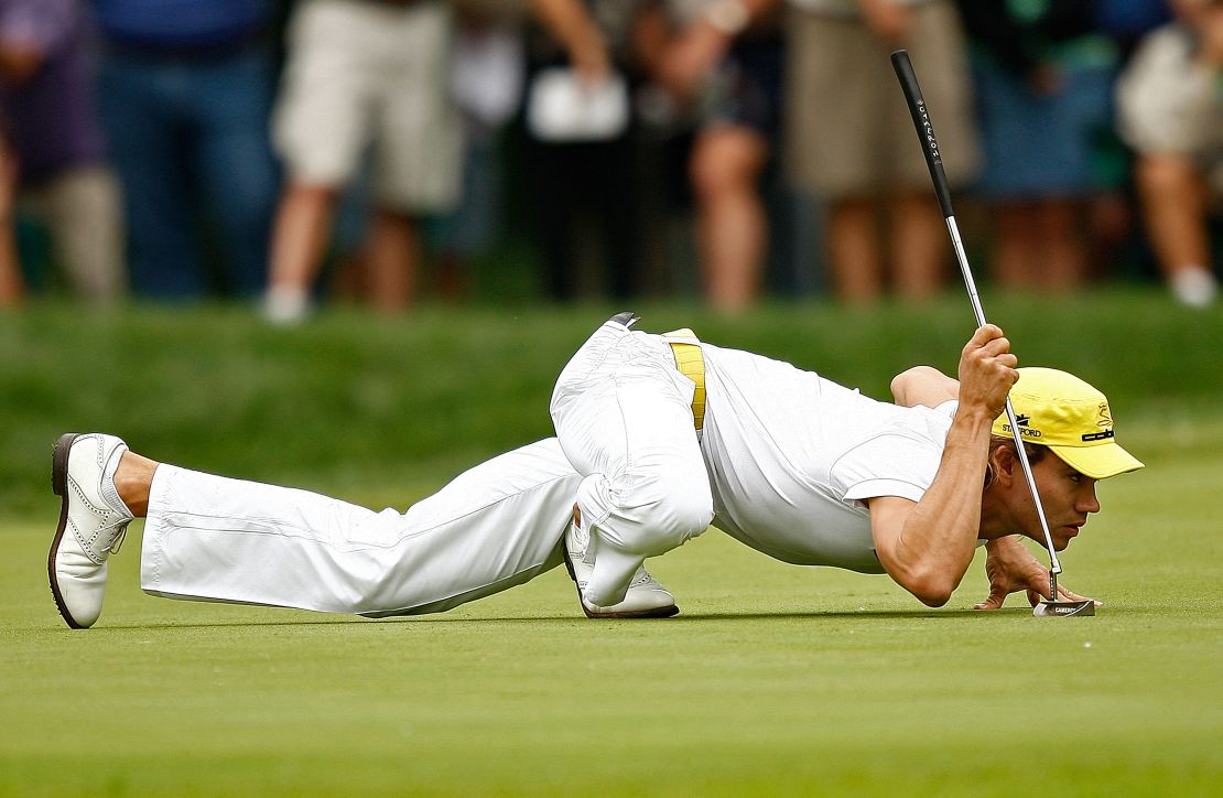 st. Louis - September 7: Camilo Vilgas lined up putts on the fourth hole in the final round of the BMW Championship, held at the Berry Reeve Country Club in St. Louis, Missouri on September 7, 2008. (Photo: Mike Ehrmann/Getty Images)