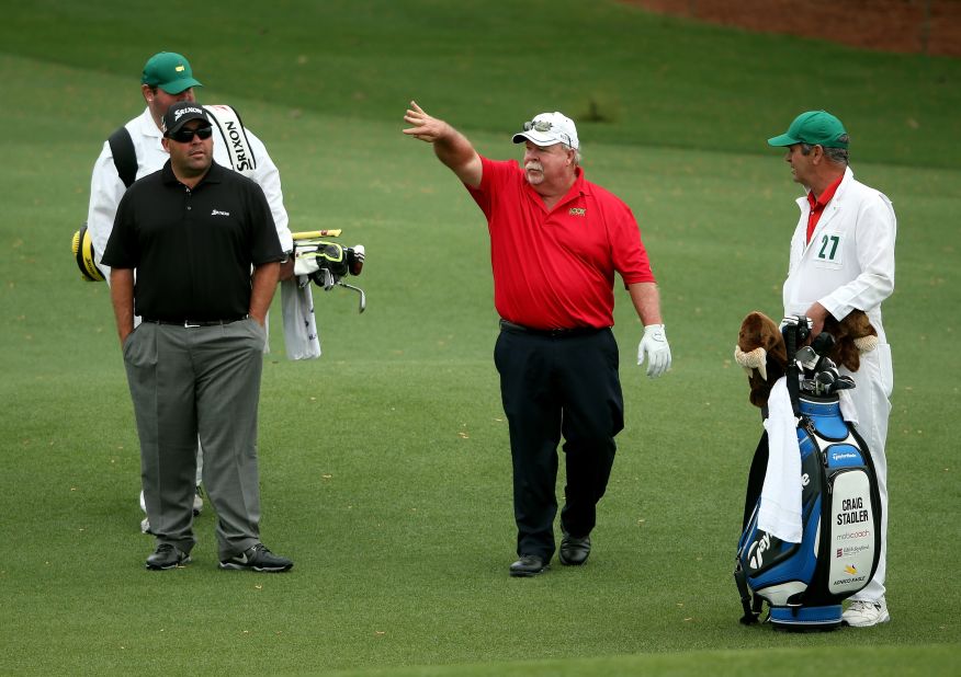 <strong>The Walrus, Craig Stadler:</strong> There are four walruses in this photo -- two on the fairway and two in the bag. A much-loved presence on the fairways, Craig Stadler (center) earned his affectionate nickname through his burly build and plump mustache. When the 1982 Masters champion's son, Kevin (left), followed in his father's footsteps by going pro, "The Smallrus" title was ready and waiting. In 2014, they became the first ever father-son duo to compete together at The Masters.