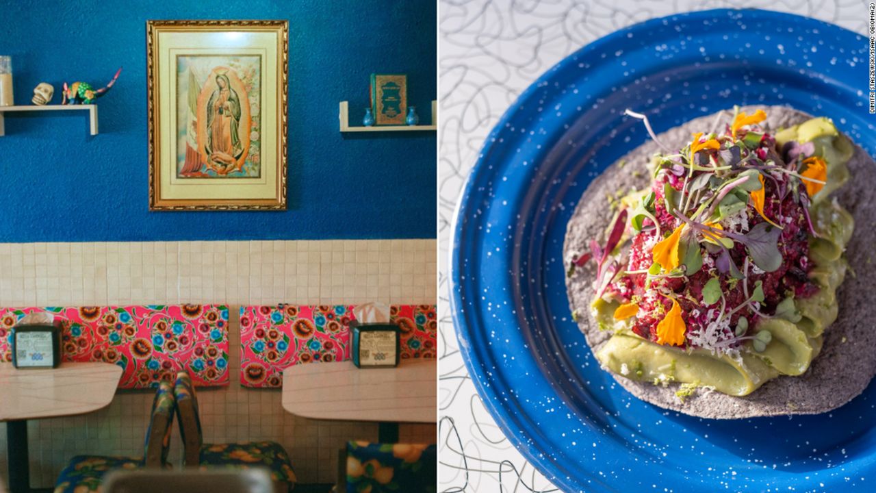 An interior shot of Nixta Taqueria and a serving of its beet tartare tostada.