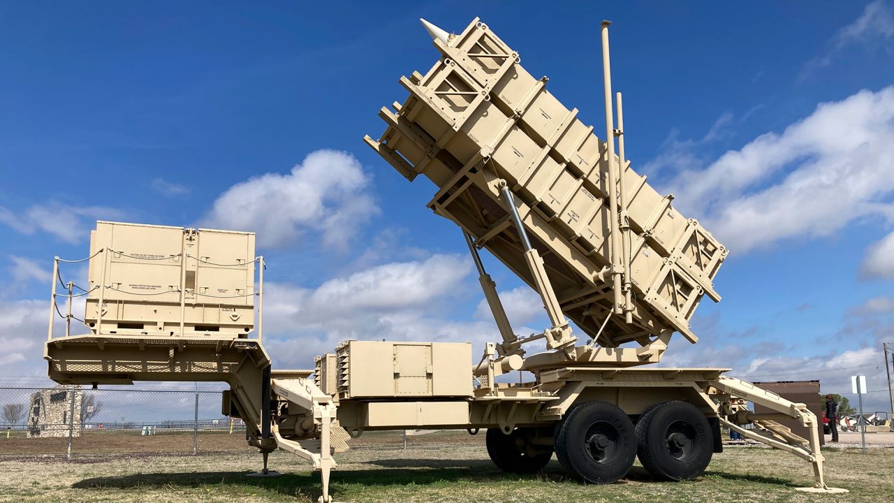 A Patriot missile mobile launcher is displayed outside the Fort Sill Army Post near Lawton, Oklahoma, on March 21, 2023.