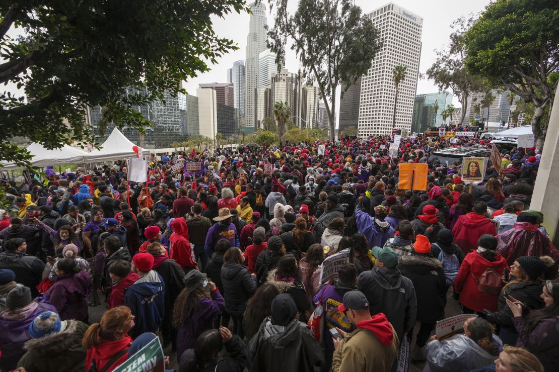 Thousands of Los Angeles Unified School District teachers and SEIU members rally outside the LAUSD headquarters in Los Angeles on Tuesday.