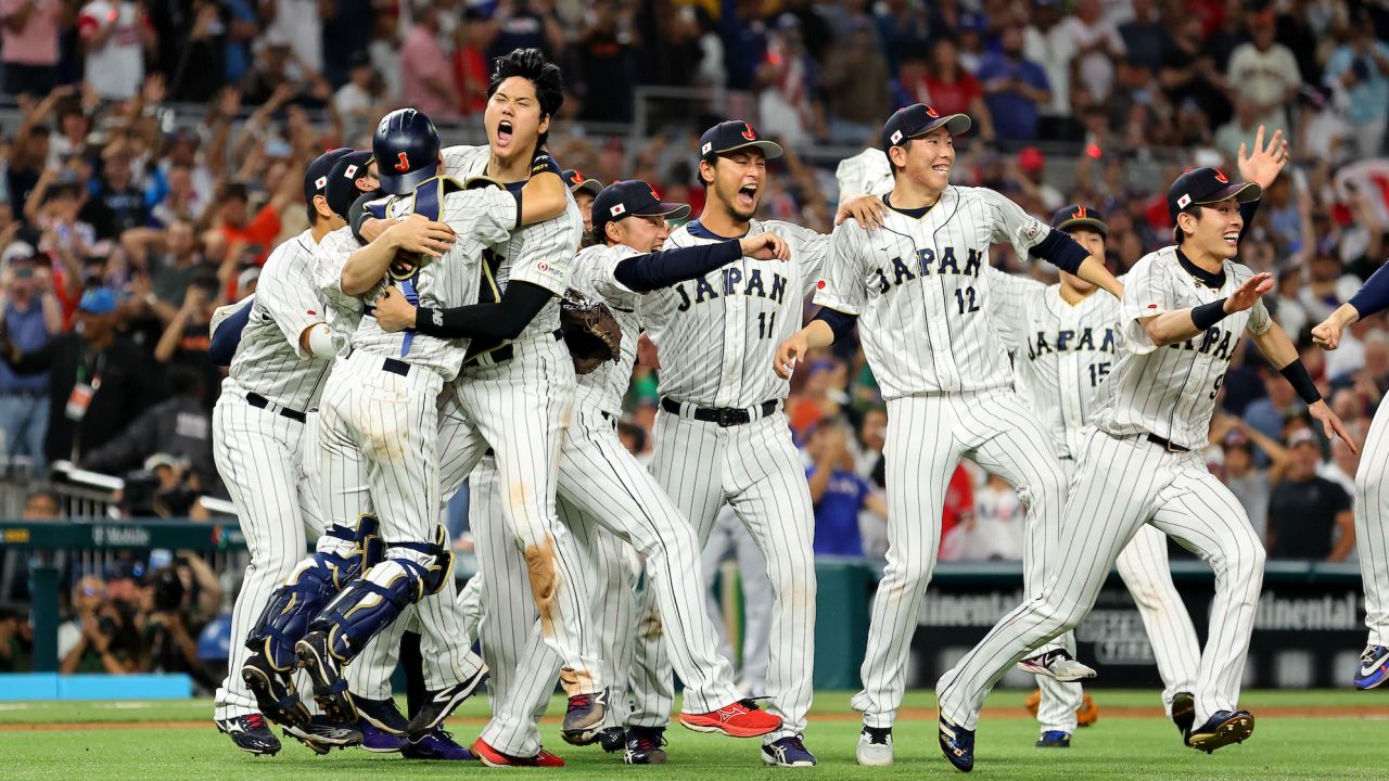 Japan celebrates after the final out of the World Baseball Classic championship seals its defeat of Team USA 3-2 at loanDepot Park in Miami, Florida.