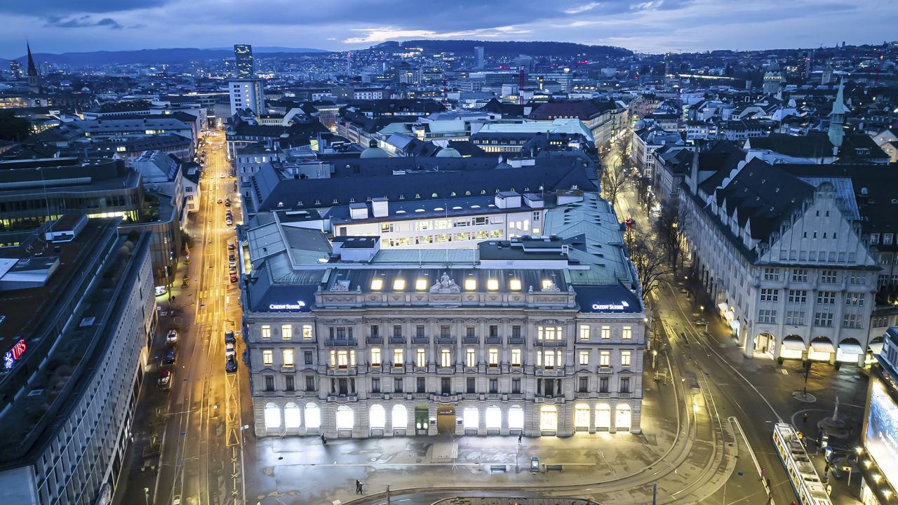 An aerial view of the headquarters of Credit Suisse, center, and UBS, left, at Paradeplatz in Zurich, Switzerland on Sunday, 19 March, 2023.