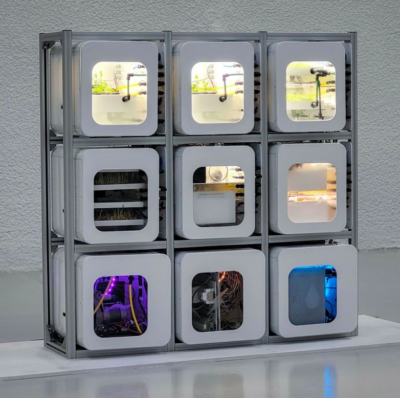 The modular structure is composed of nine cube capsules and is designed to provide a nutritious diet for four astronauts for the duration of a two-year mission, using the principles of vertical farming.