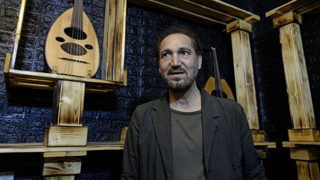 Renowned Iraqi musician Naseer Shamma inaugurates the Bait Al-Oud center for music education in Mosul's Old City on Monday. The area was heavily damaged by Islamic State fighters in the 2017 battle for the city.