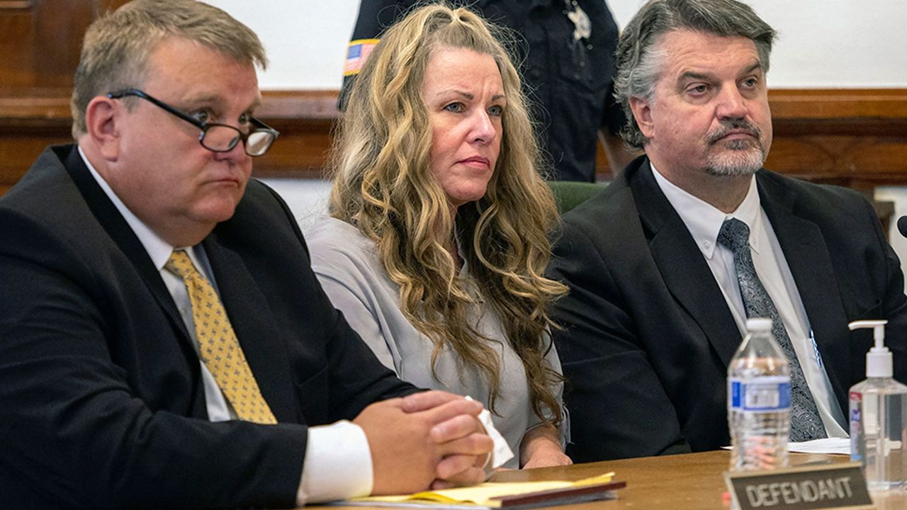Lori Vallow Daybell, center, sits between her attorneys for a hearing at the Fremont County Courthouse in St. Anthony, Idaho, on August 16, 2022.