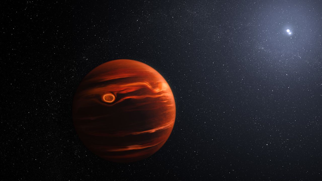 An illustration of exoplanet VHS 1256 b and its two stars.  