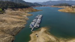 Boats are parked at a Shasta Lake marina in Lakehead, California on October 16, 2022. - Shasta Lake currently sits at 32% of its capacity as drought conditions persist throughout the west. (Photo by JOSH EDELSON / AFP) (Photo by JOSH EDELSON/AFP via Getty Images)