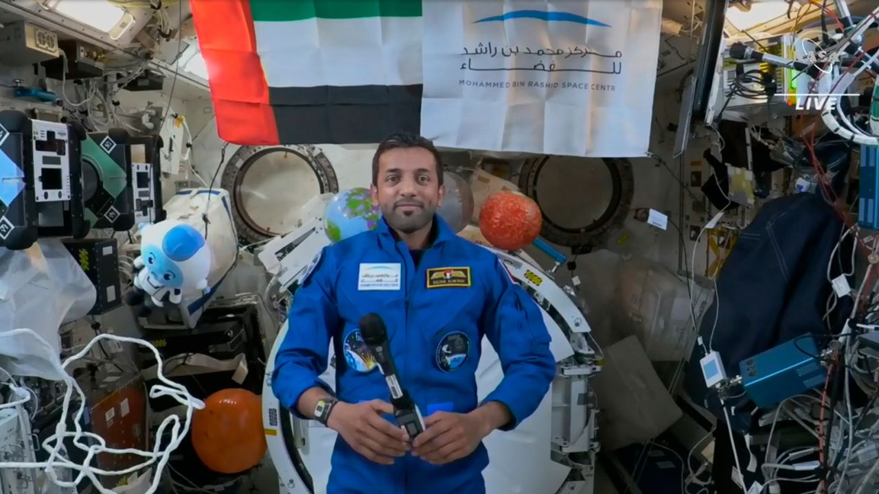 Emirati astronaut Sultan Alneyadi is shown during an interview at the International Space Station on March 7. Courtesy of NASA