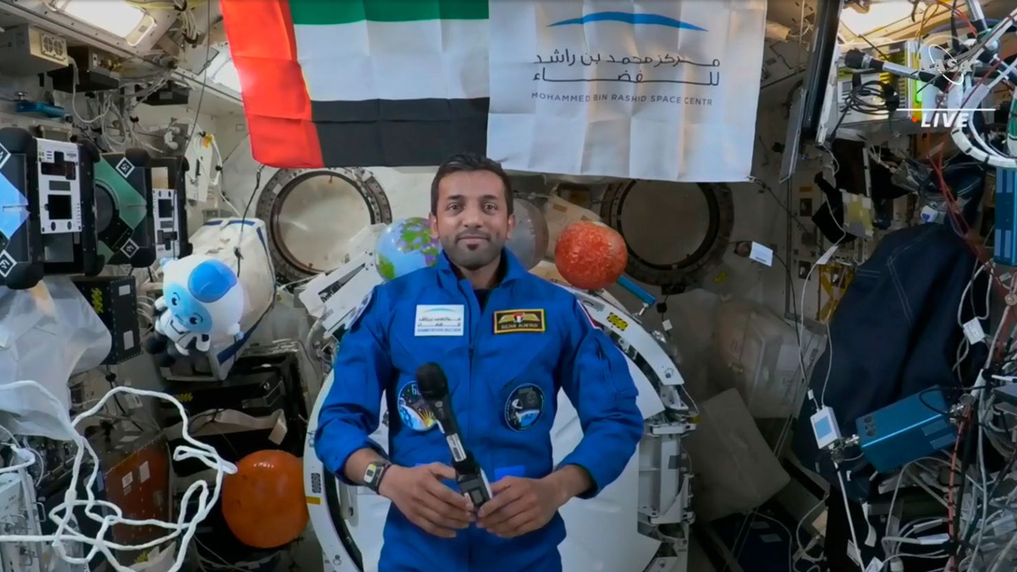 Emerati astronaut Sultan Alneyadi is shown during an interview at the International Space Station on March 7. Courtesy of NASA