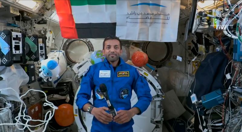 Emerati astronaut Sultan Alneyadi is shown during an interview at the International Space Station on March 7. Courtesy of NASA