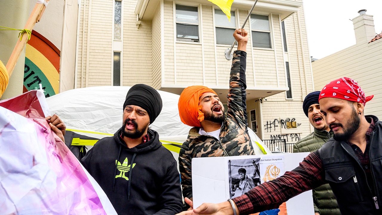 Protests in favor of Amritpal Singh outside the Indian Consulate in San Francisco on March 20, 2023. 