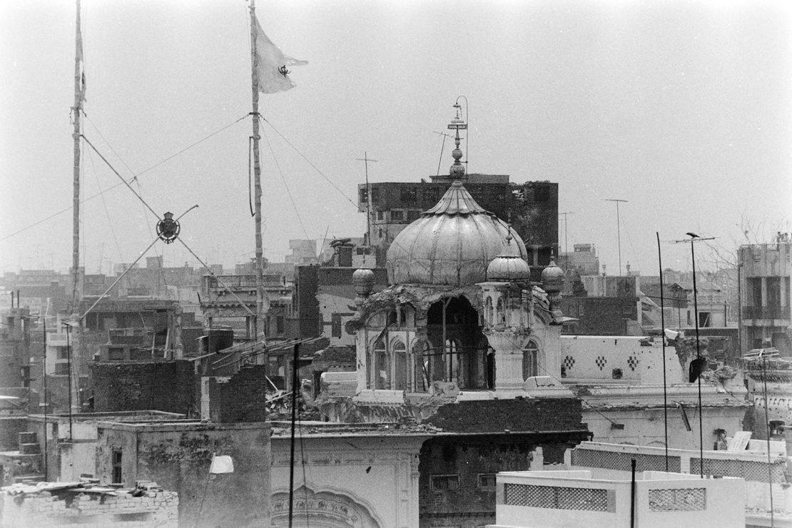The damaged Akal Takhat after the Indiam Army stormed the Golden Temple complex in Amritsar on June 9, 1984.