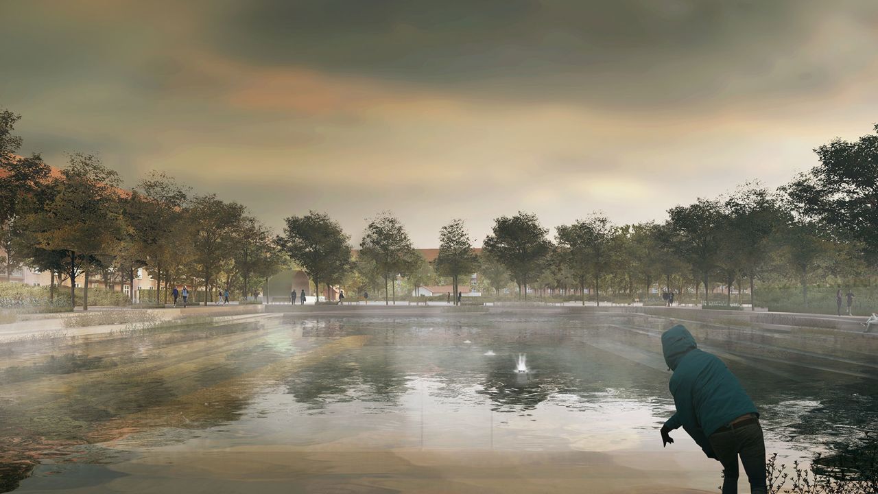 An artist's rendering of the flooded ball court.