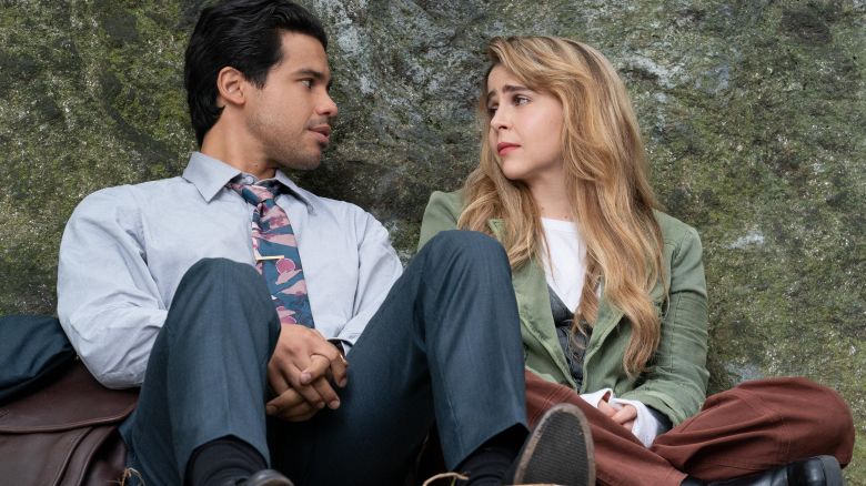 Carlos Valdes and Mae Whitman in the musical-comedy series "Up Here," premiering on Hulu.
