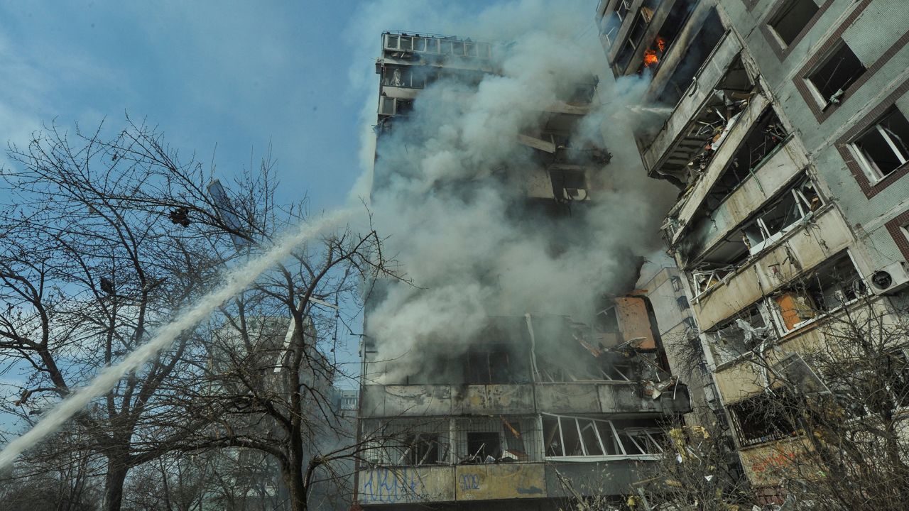 A residential building damaged by a Russian missile strike in Zaporizhzhia, Ukraine, on March 22.