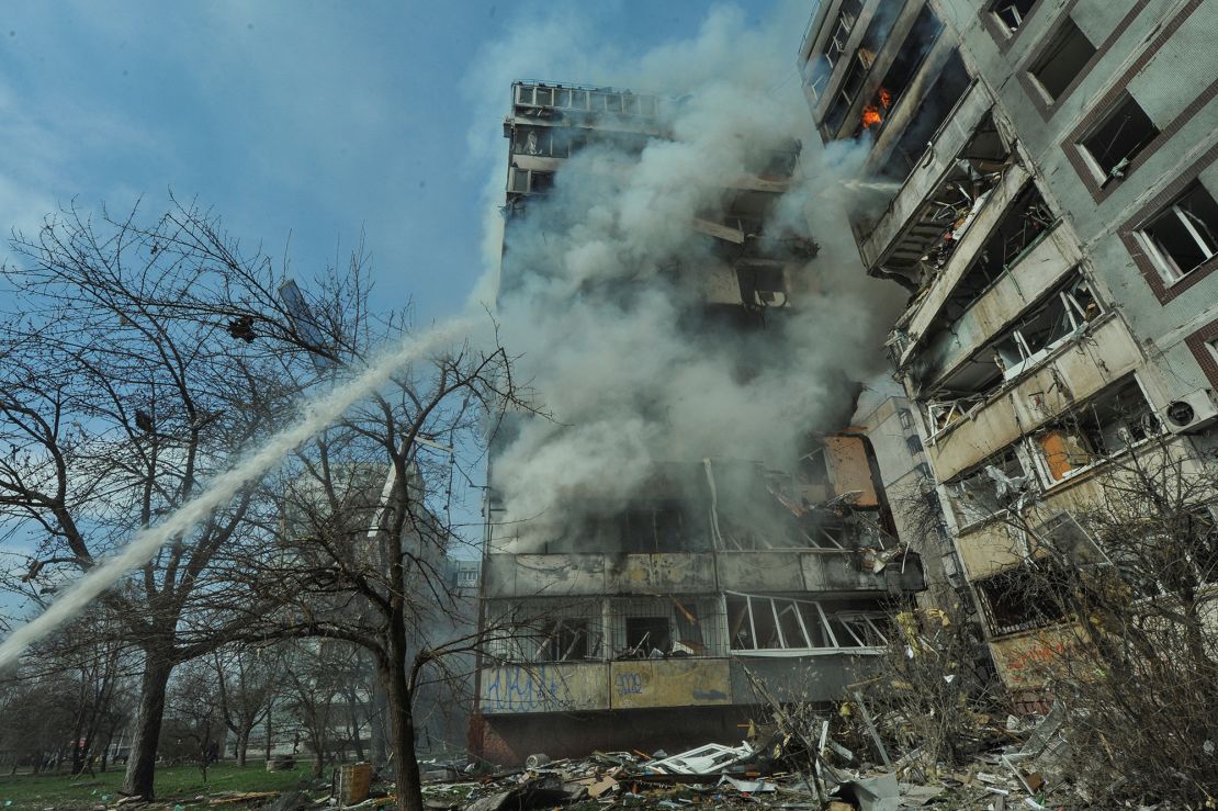 A residential building damaged by a Russian missile strike in Zaporizhzhia, Ukraine, on March 22.