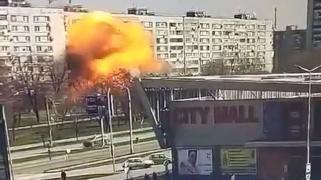 A view of CCTV footage of the moment of a missile strike in Zaporizhzhia, Ukraine March 22, in this screengrab obtained from a social media video. 