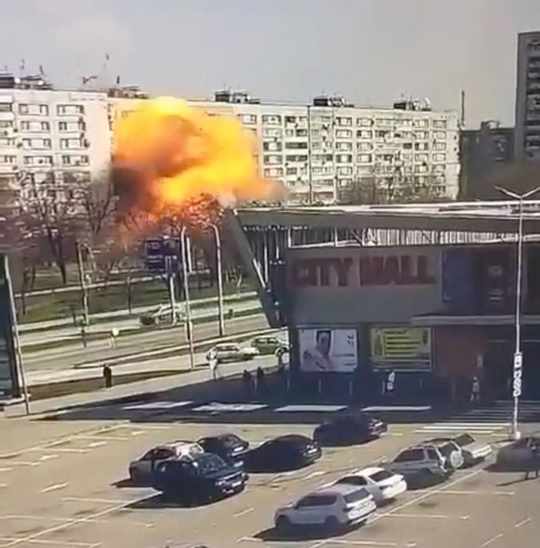 A view of CCTV footage of the moment of a missile strike in Zaporizhzhia, Ukraine March 22, in this screengrab obtained from a social media video. 