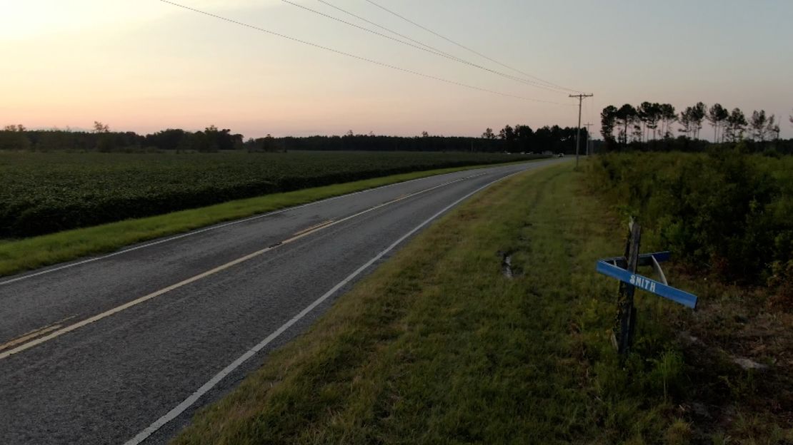 A memorial for Stephen Smith is seen along a road in 2021.