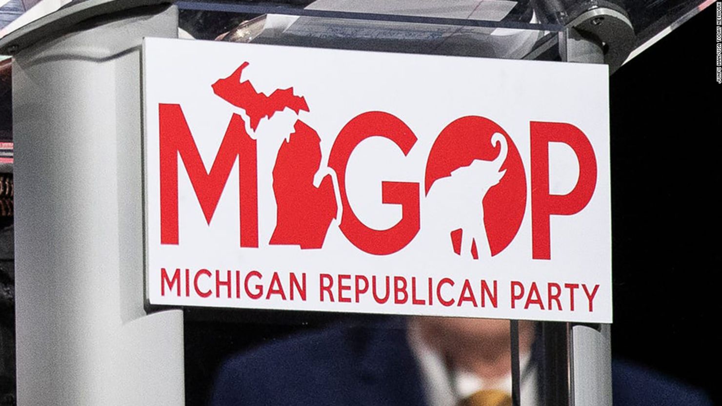 A sign for the Michigan GOP at the party's nominating convention at the Lansing Center on Saturday, August 27, 2022.