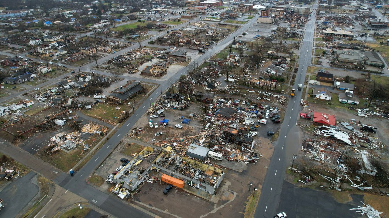 Damage remains in Mayfield, Kentucky, after a devastating 2021 tornado outbreak ripped through several states.