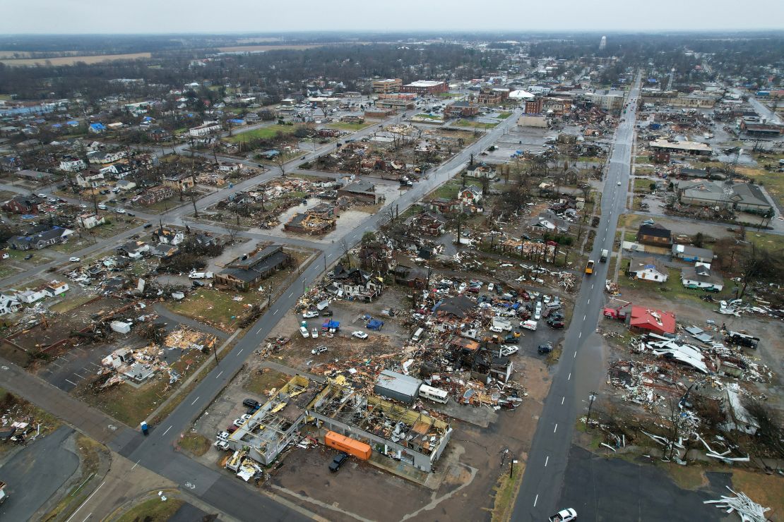 Damage remains in Mayfield, Kentucky, after a devastating 2021 tornado outbreak ripped through several states.