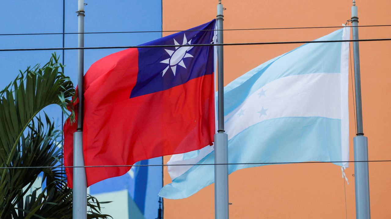 The flags of Taiwan and Honduras outside the Taiwan Embassy in Tegucigalpa, Honduras, March 15, 2023.