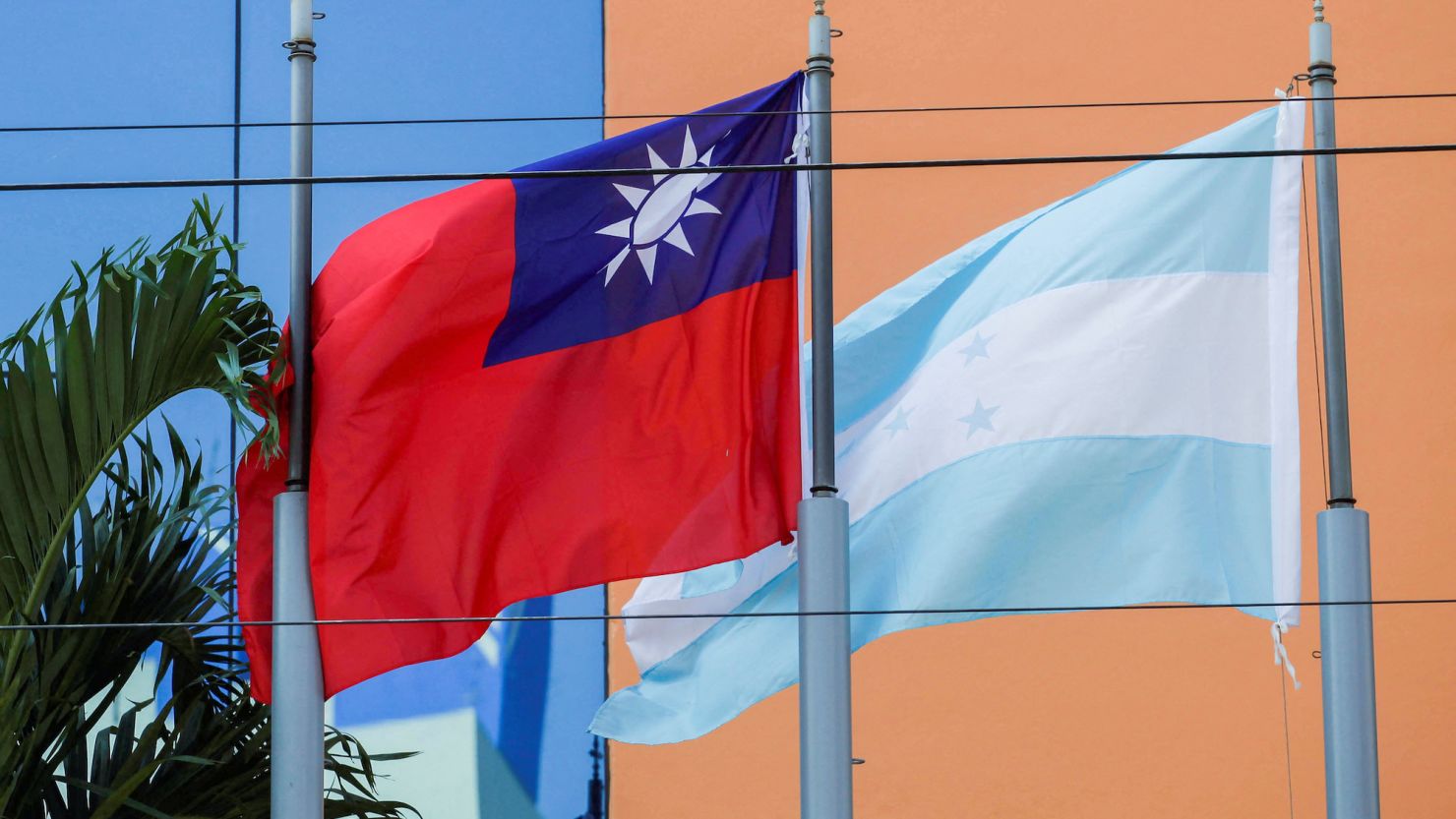 The flags of Taiwan and Honduras seen outside the Taiwan Embassy in Tegucigalpa, Honduras on March 15, 2023. 