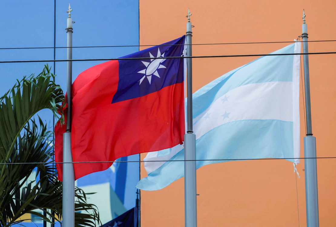 The flags of Taiwan and Honduras outside the Taiwan Embassy in Tegucigalpa, Honduras, on March 15, 2023.