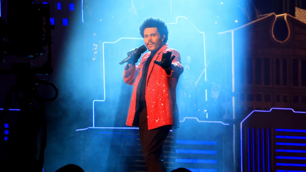 The Weeknd performing during the Super Bowl Halftime Show in 2021.