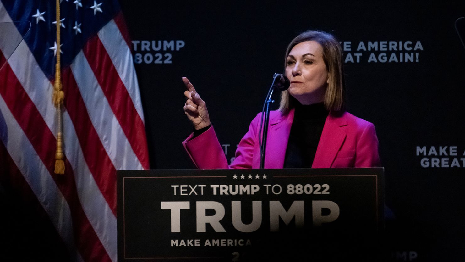 Kim Reynolds, governor of Iowa, introduces former US President Donald Trump, not pictured, during an "America First Education Policy" event in Davenport, Iowa, US, on Monday, March 13, 2023. 