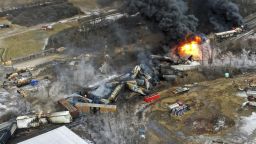 This photo taken with a drone shows portions of a Norfolk Southern freight train that derailed Friday night in East Palestine, Ohio are still on fire at mid-day Saturday, Feb. 4, 2023. (AP Photo/Gene J. Puskar)