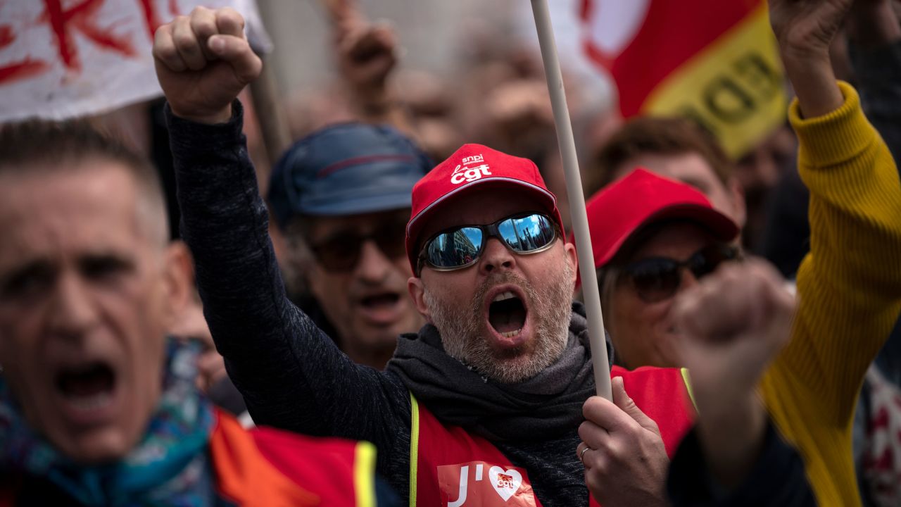 A protester shouts during a rally in Marseille, southern France, on March 23, 2023.