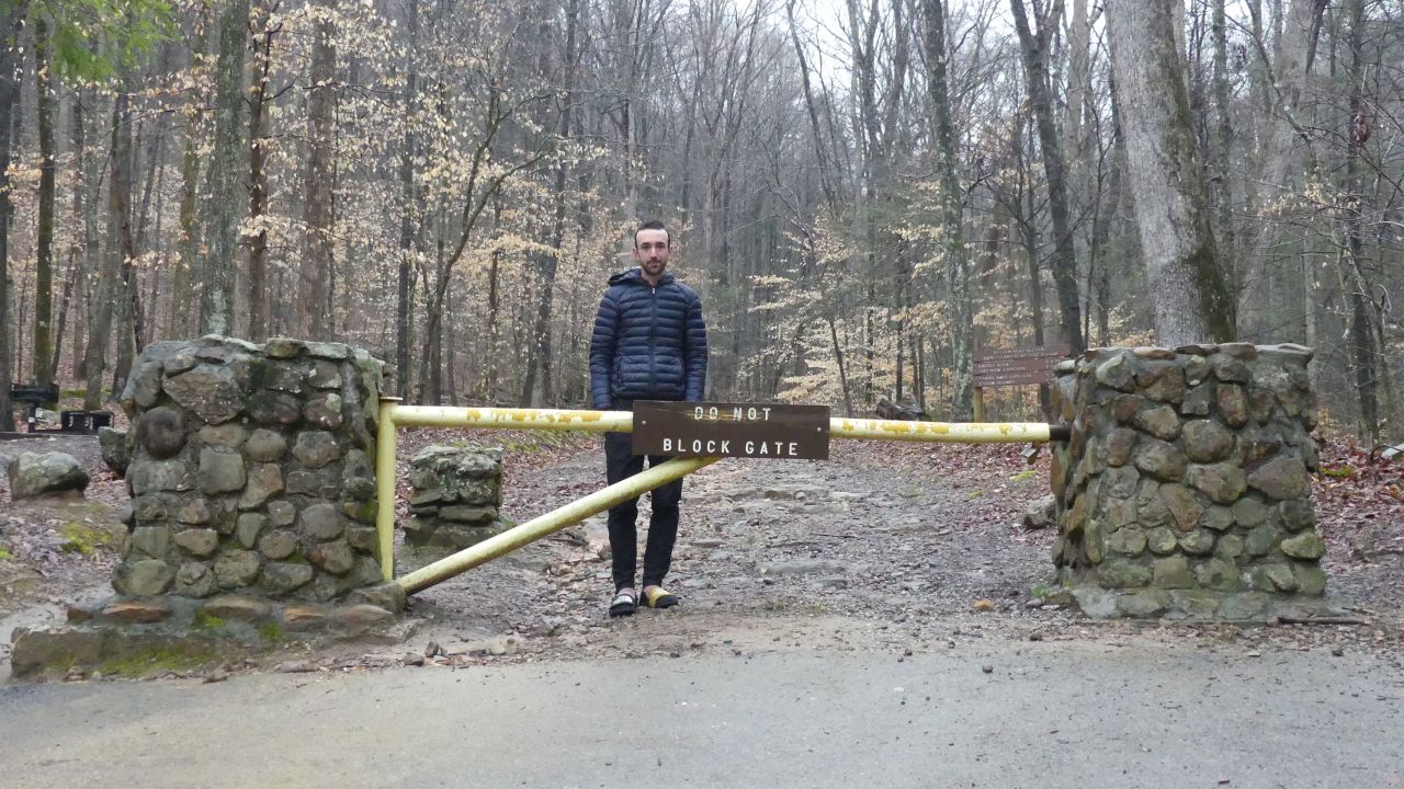 An unassuming yellow gate marks the start and finish of the Barkley Marathons course. 