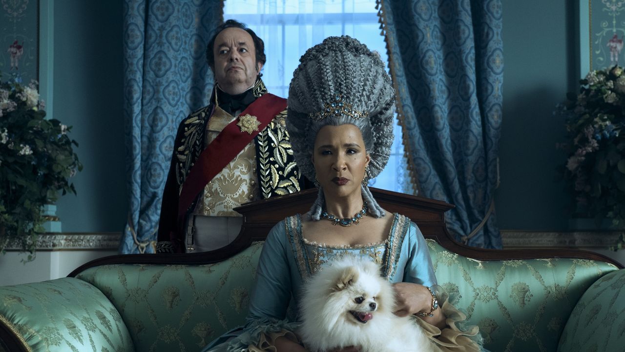 Hugh Sachs as Brimsley, Golda Rosheuvel as Queen Charlotte in episode 102 of "Queen Charlotte: A Bridgerton Story."
