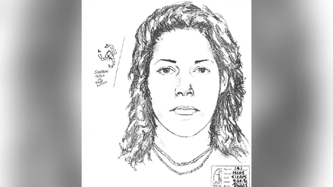 A police sketch of Christine Belusko who was unidentified at the time of the incident. Her distinguished feature was a scorpion tattoo (left) on her right buttock.