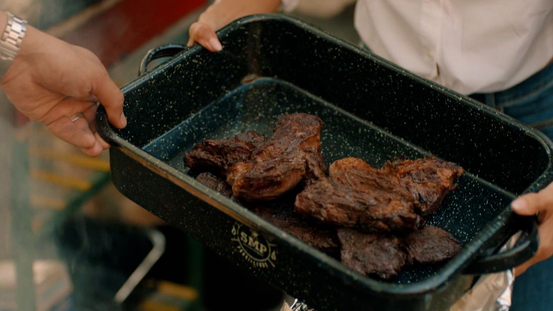Turning the meat constantly while it's on the grill ensures evenly distributed juices and browning.