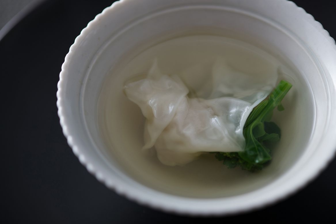 <strong>Pheasant soup: I</strong>nspired by Hong Kong's wonton soup, Sazenka's version of the dish takes time to create. Pheasant bones are pounded and soaked in water overnight. They're then boiled down for about four hours. The broth will need to rest for another day before minced pheasant meat, Jinhua-cured ham, kelp, green onions, ginger, 15-year-old Shaoxing wine, salt and pepper are added to season the clear stock.