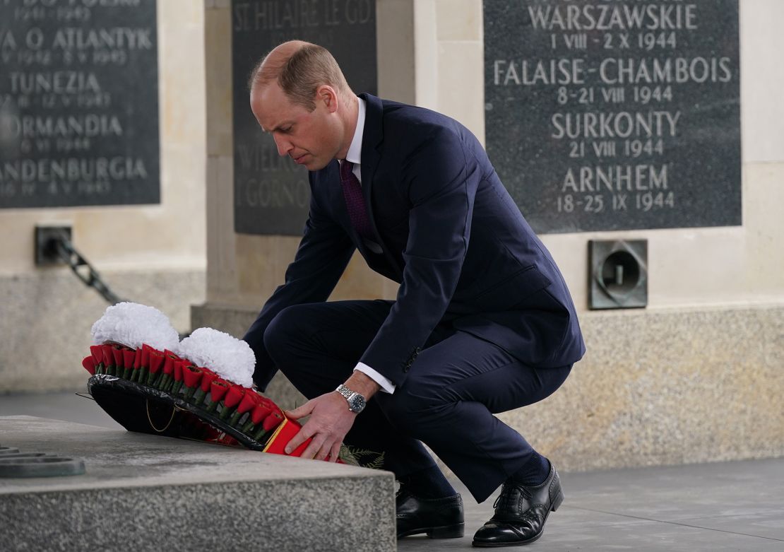 William lays a wreath at the Tomb of the Unknown Soldier, a monument dedicated to Polish soldiers who lost their lives in conflict, during day two of his visit to Poland on March 23.