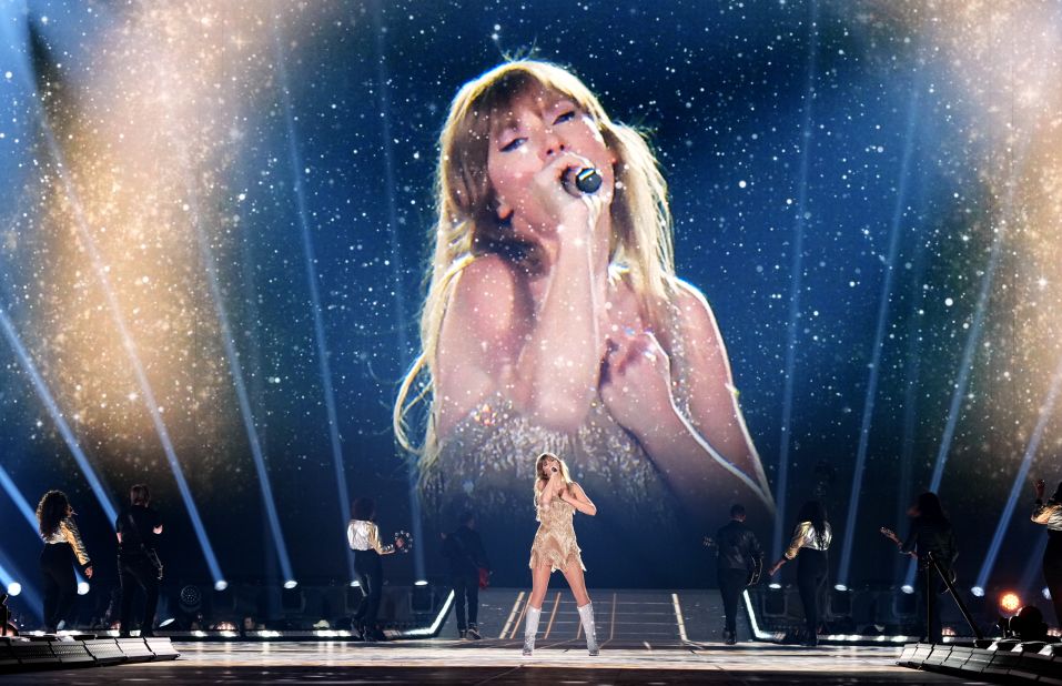 <a href="https://www.cnn.com/2022/10/21/entertainment/gallery/taylor-swift/index.html" target="_blank">Taylor Swift</a> performs on stage as she <a href="https://www.cnn.com/2023/03/18/entertainment/taylor-swift-eras-tour-debut/index.html" target="_blank">kicked off her "Eras Tour"</a> in Glendale, Arizona, on Friday, March 17.